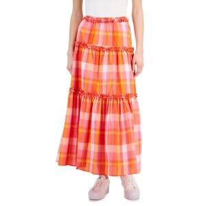 Nautica Jeans Women's Cotton Plaid-Print Ruffle-Trim Maxi Skirt, Sangria, XL
